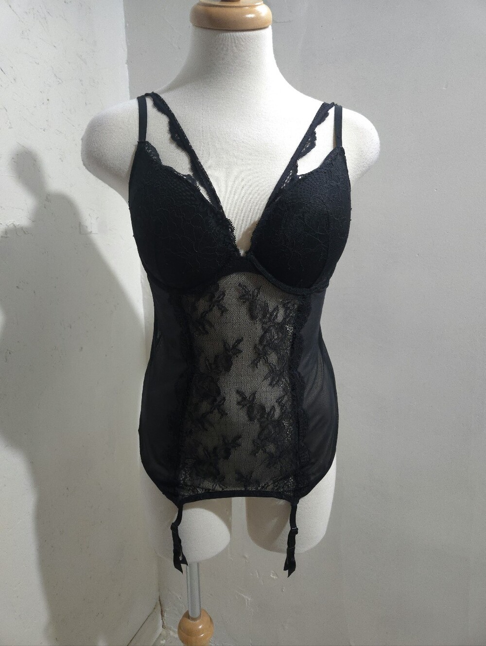 La Senza Black Lace Bustier Bodysuit with Garter Straps